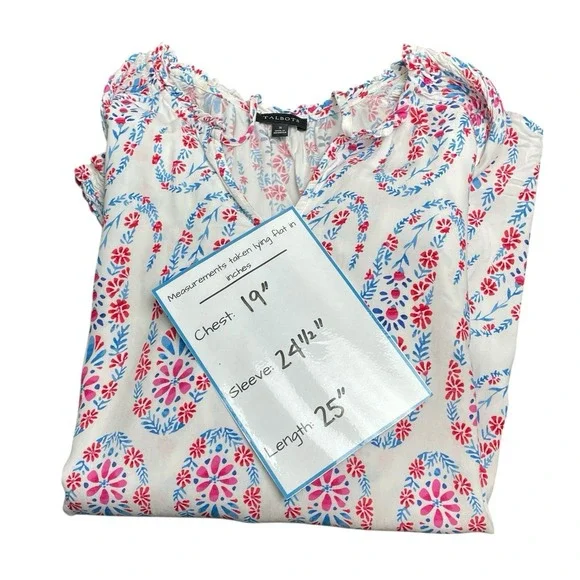 Talbots Women's Top Size S Peasant Floral Print White Long Sleeve V-Neck Blouse - Picture 3 of 6